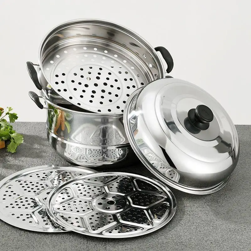 Stainless Steel Steamer Three-layer Pot Soup Double Bottom Gas Induction Cooker with Steam Grid Cooking Cover