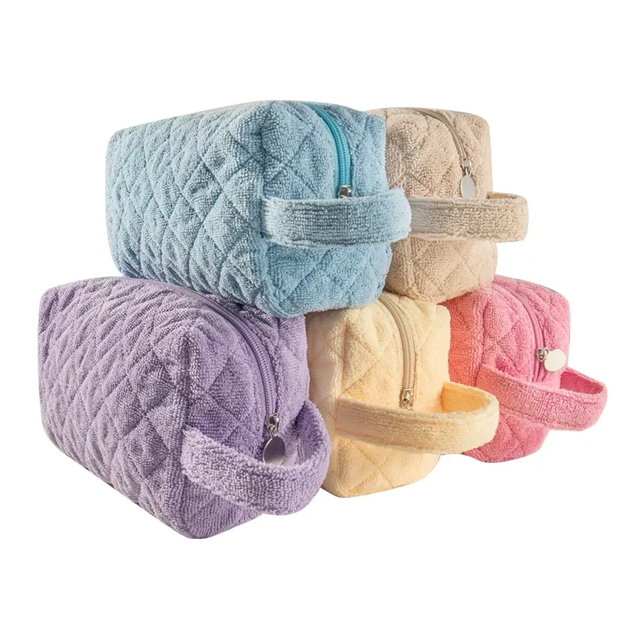 Factory OEM Quilted Ladies Portable Travel Toiletry Zipper Makeup Cases Bag Organizer Large Terry Towel Cloth Cosmetic Bag Pouch
