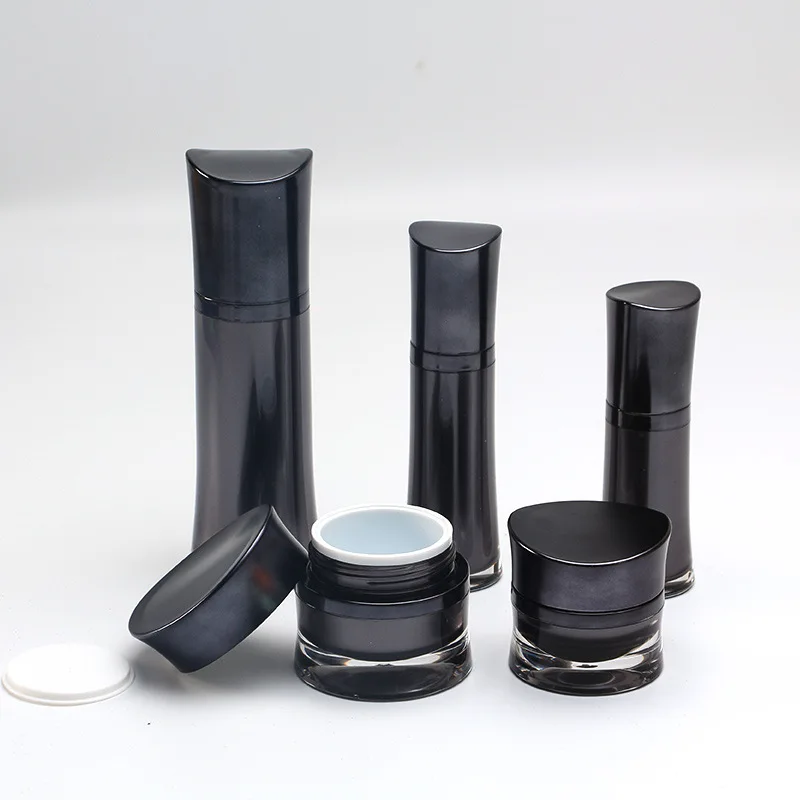 China Supplier Gradient Black Square Cosmetic Containers Acrylic Spray Pump Lotion Bottle And Cream Jars Sets