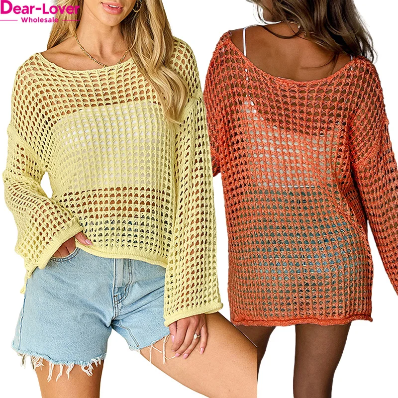Dear-Lover Wholesale Fashion Sweater Mujer New Design Open Knit Bell Sleeve Tunic Knit Crochet Sweater Women