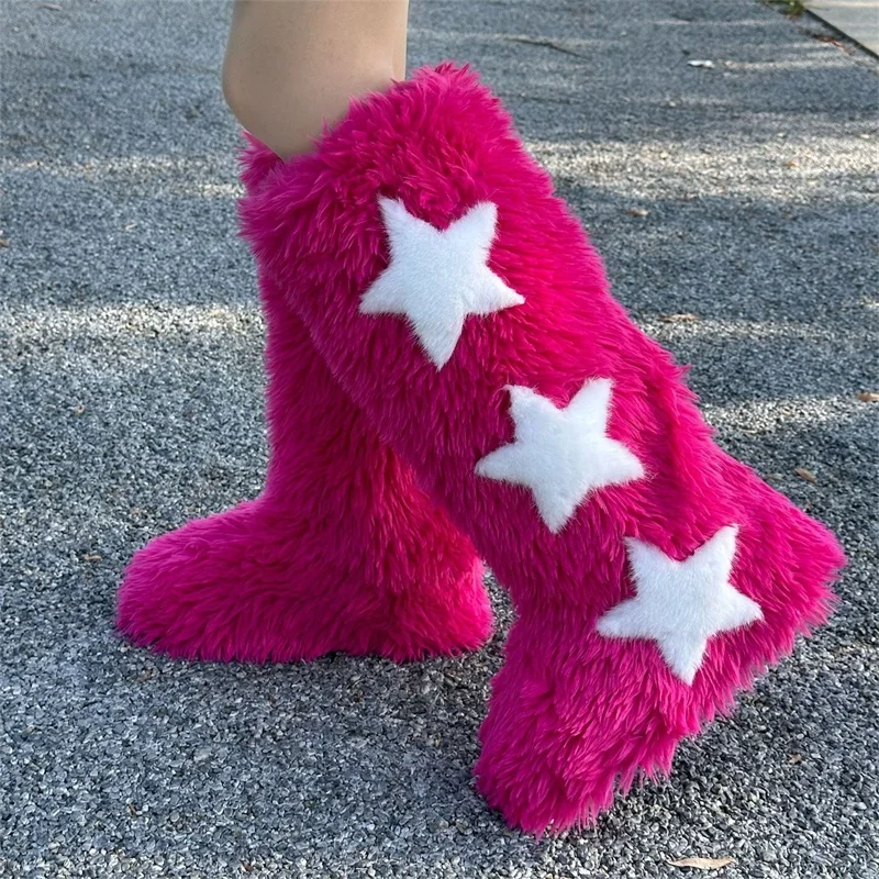 2024 Winter Women Five Star Faux Fur Long Boots Warm Plush Platform Knee-high Boot Outdoor Furry Cute Over-the-knee Pink Boots
