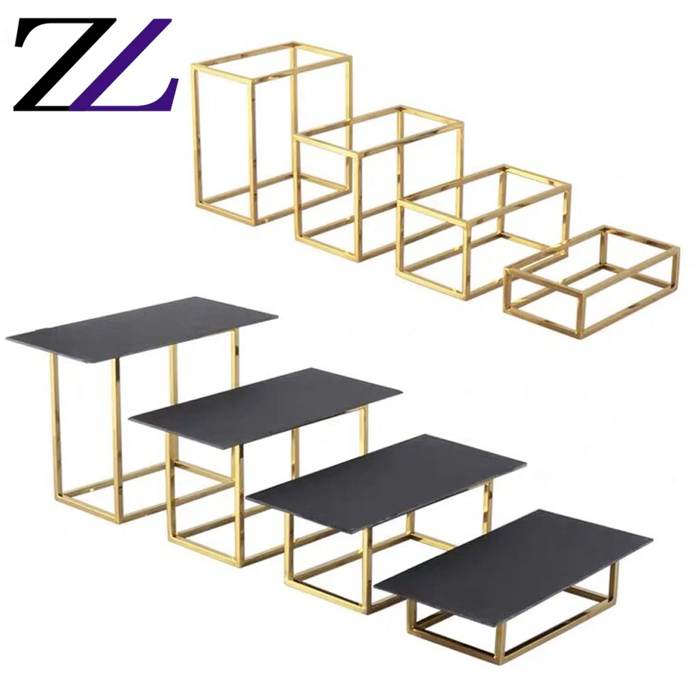Wedding Buffet Black Marble Slate Serving Dessert Platter Board Stainless Steel Cupcake Gold 4 Tier Buffet Food Display Stand