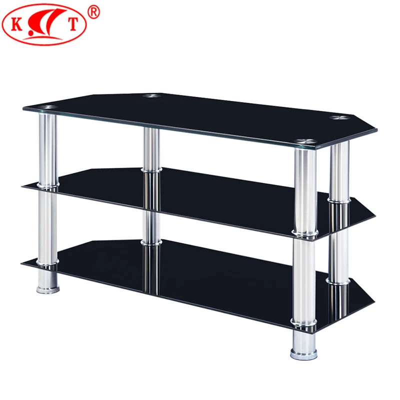 Cheap Living Room Furniture Black TV stand Tempered Glass Stainless Steel Legs