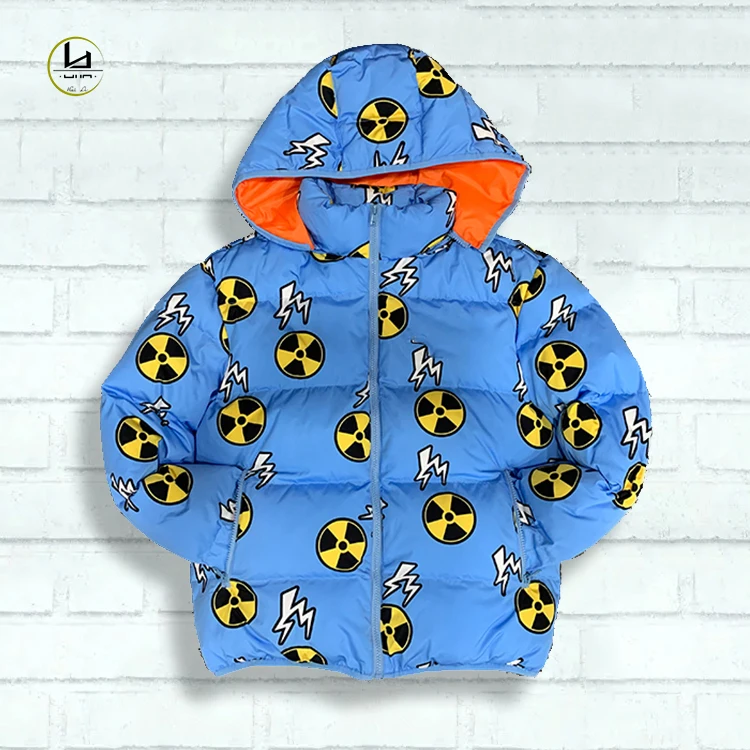 wholesale custom winter coat men thick windbreaker zip up front allover printed men puffer jacket