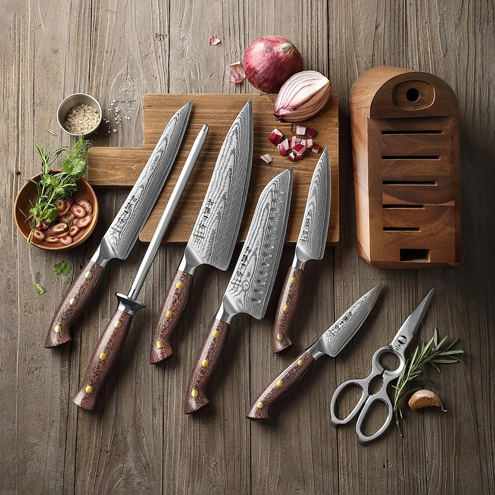 New 8 pcs Sharp Knife Set Custom Damascus Steel Durable Micarta Handle Professional Kitchen Chef Knives