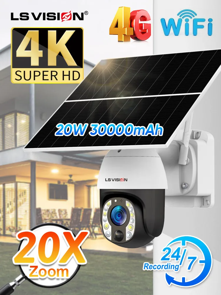 LS VISION Latest Solar Powered CCTV Outdoor Security Camera 4G Night vision with 20X zoom Waterproof Wireless PTZ IP Camera