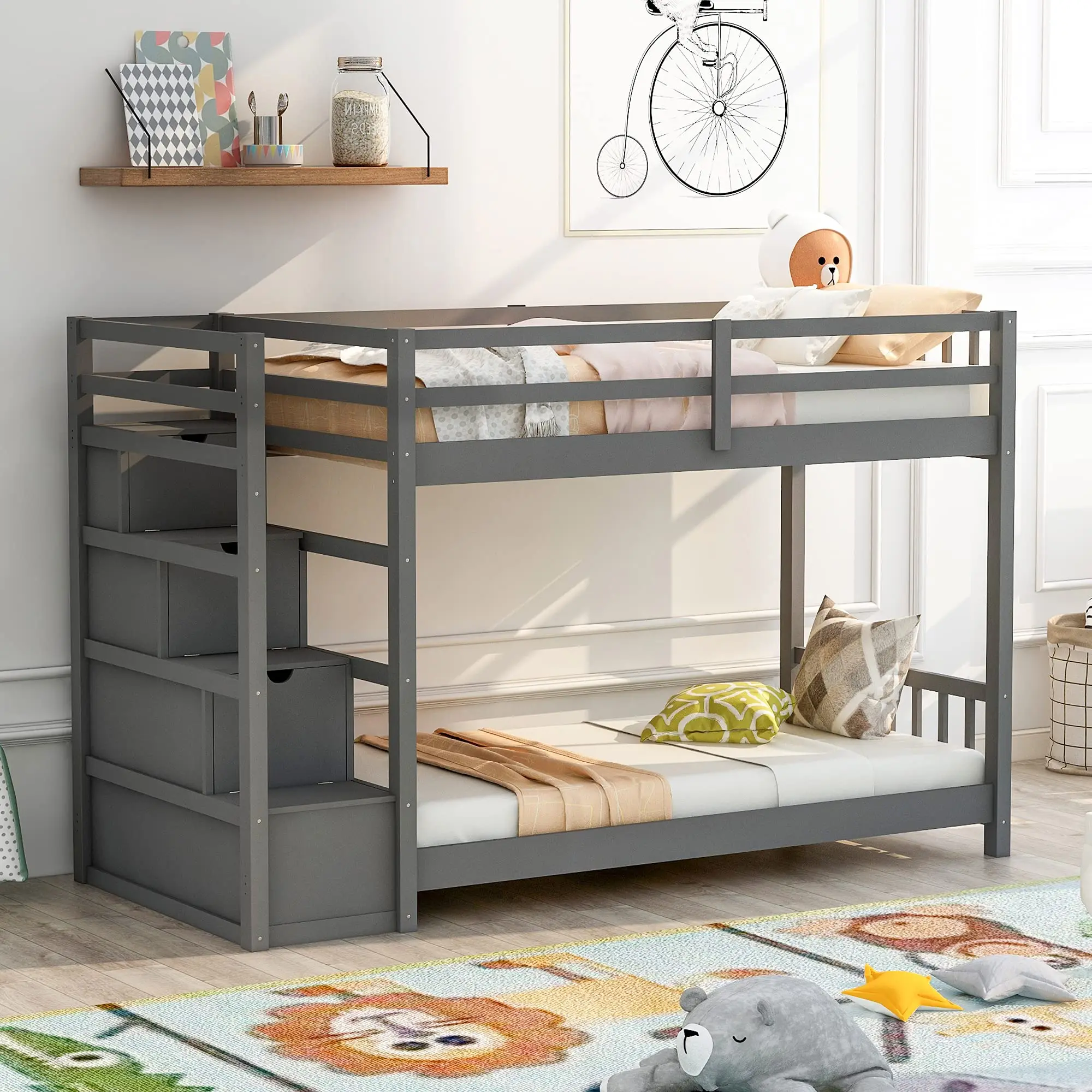 Wooden Kids Children White Single Bunk Bed With Storage Modern MDF Board Children Bed with Bookcase
