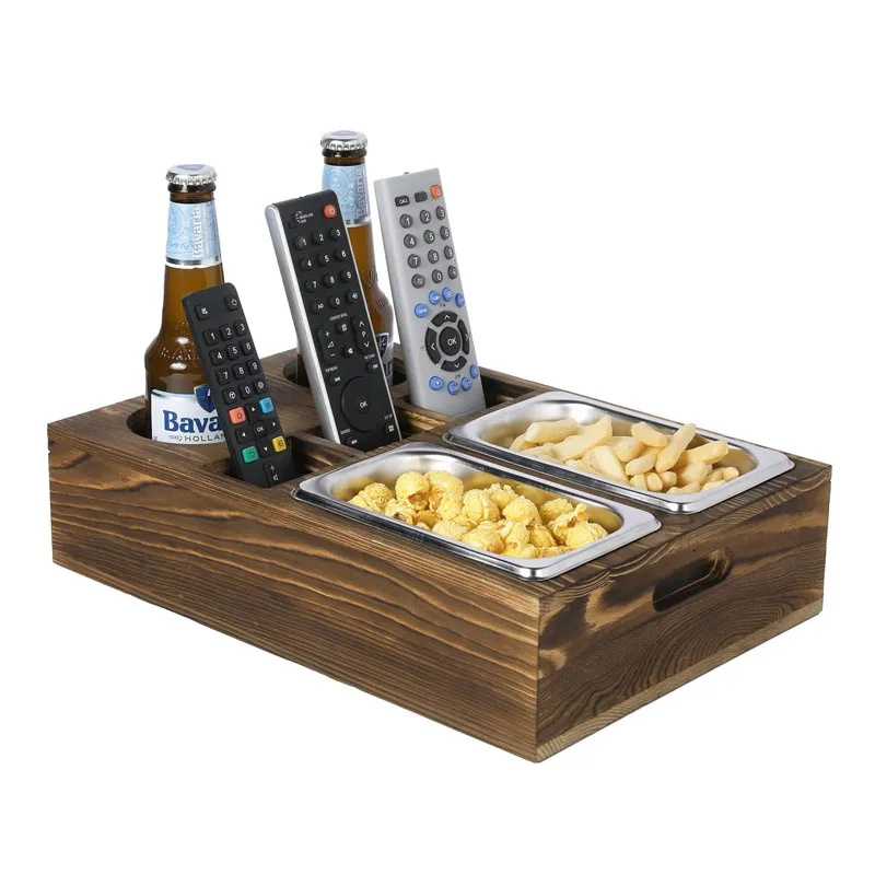 Rustic Burnt Solid Wood Snack Bowl and Tray Caddy with 2 Drink Holders and Remote Control Holder Slots Living Room Serving Tray