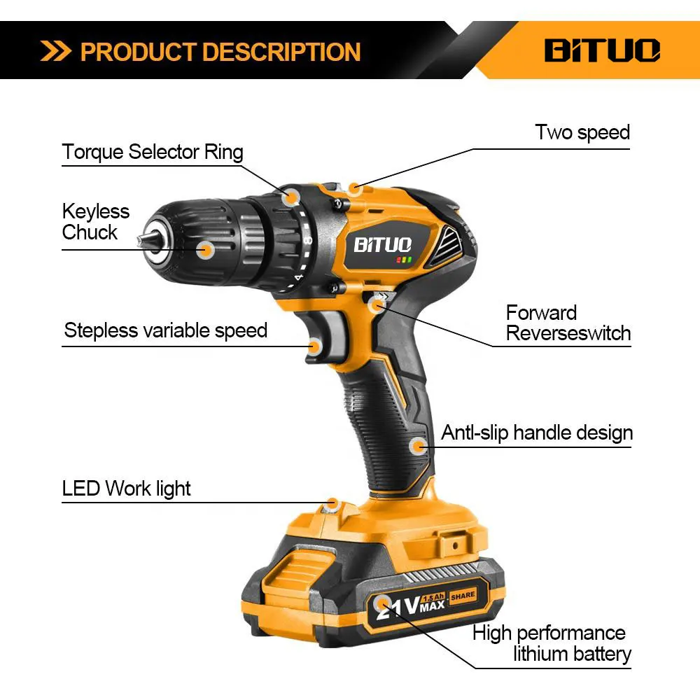 Power Tools Professional Drill Rechargeable Lithium Battery 21V Cordless Brushless Electric Drill Hand Power Drills
