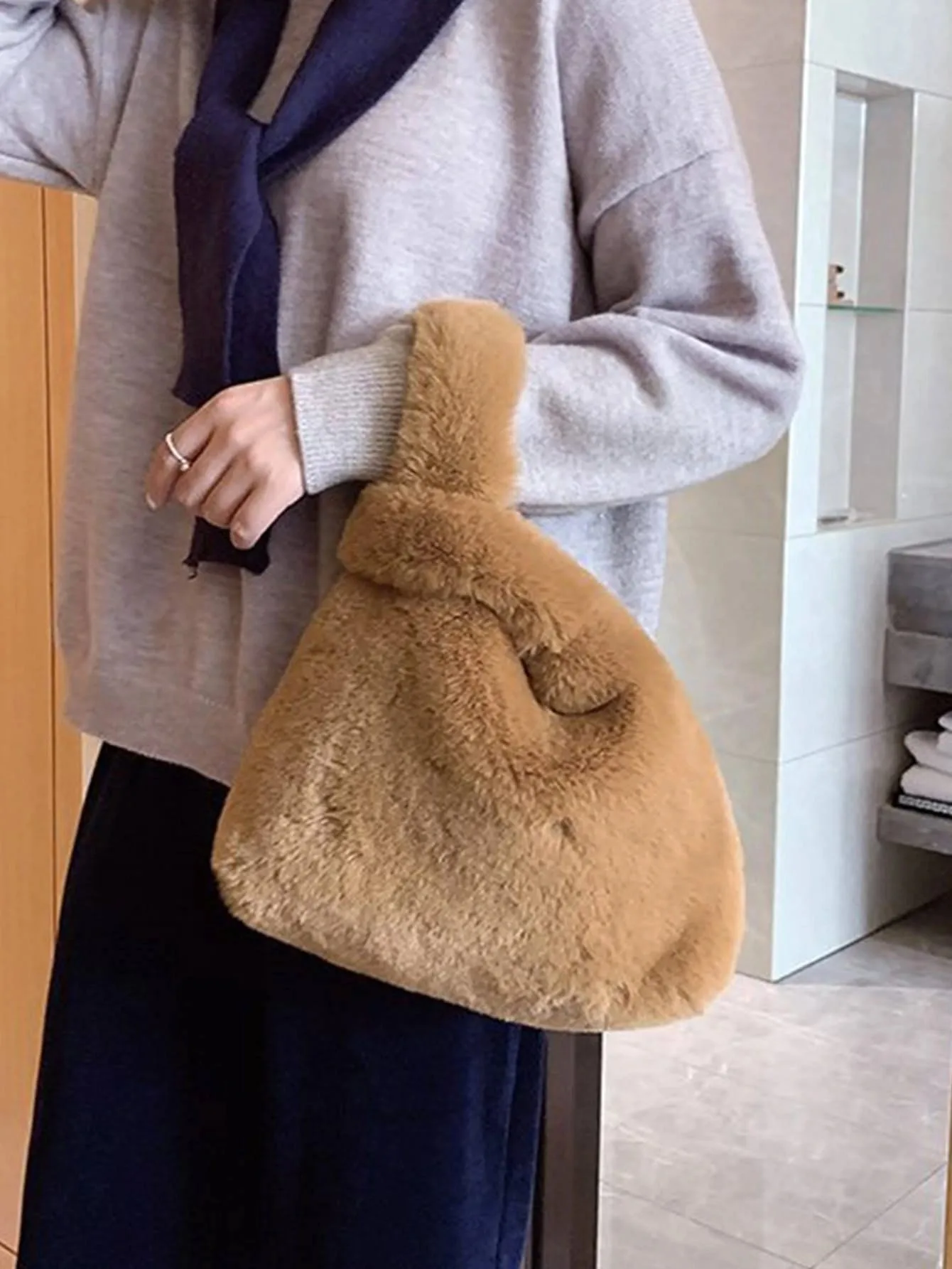 Brown fashion lady plush tote bag