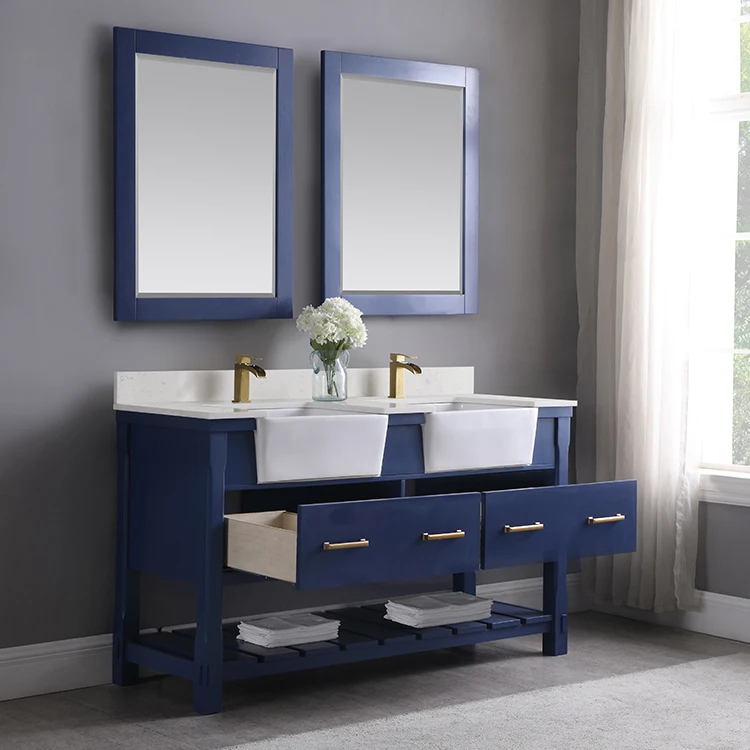 hot sale American Style classic custom waterproof  60 inch Blue Double Vanity  Wood Bathroom Vanities with Mirror cabinet