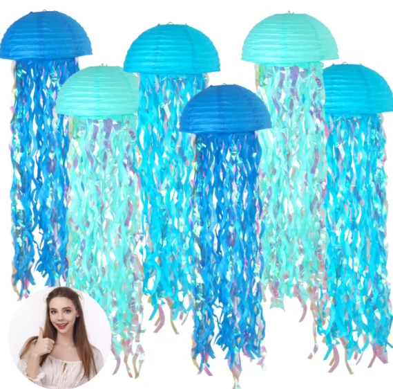 jellyfish paper lantern, gradient color decoration mermaid theme party, ocean birthday, baby party, nursery, 6-piece set