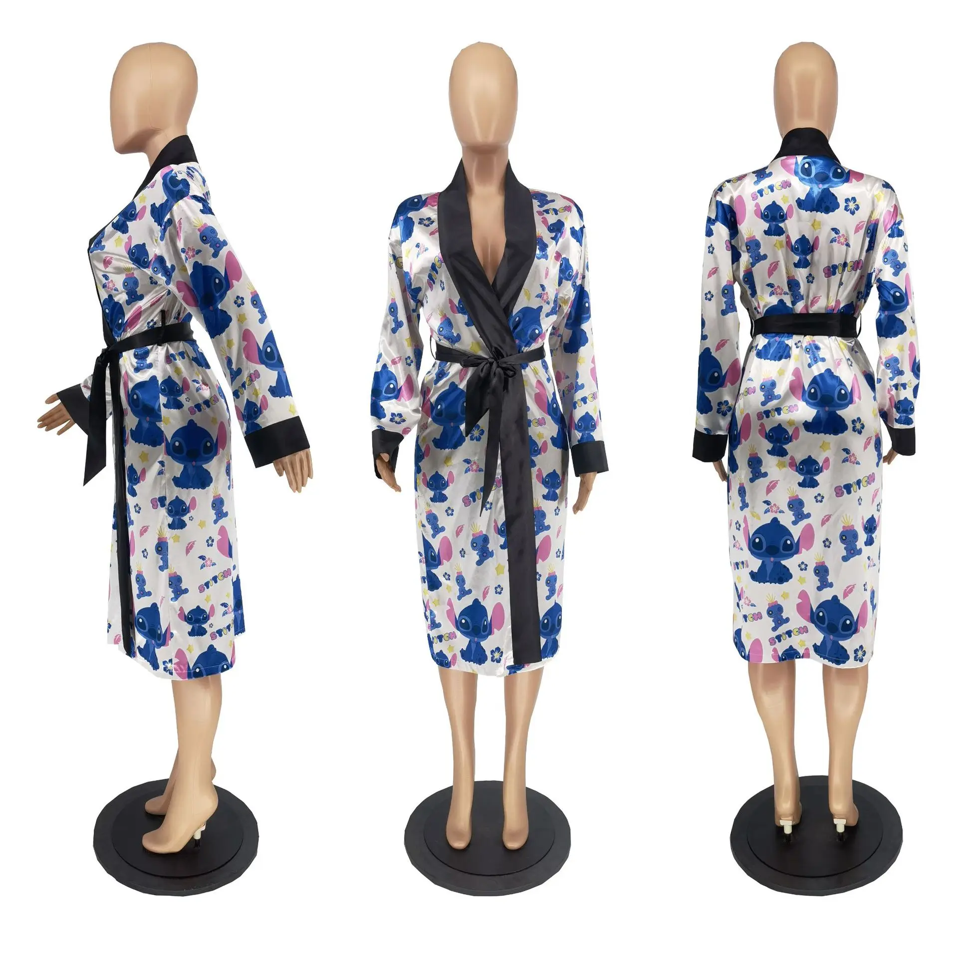 2021 New Silk Cartoon Night Gown Robe Pajama Sexy Bathrobe Lounge Wear Kimono Satin Robes for