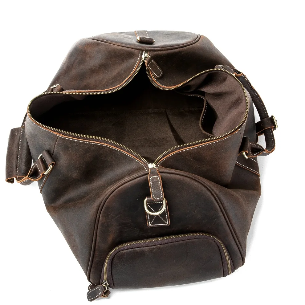 Vintage Crazy Horse Genuine Leather Travel Weekend Overnight Duffle Bag Leather Travel Duffle Bag With Shoes Compartment