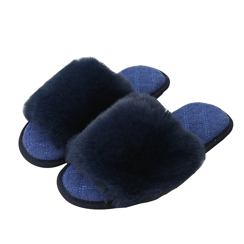 
Winter Home Cozy Women rabbit Fur Slippers Furry Flat Slides Slip On Indoor Non Slip House Shoes Female Slipper Ladies 
