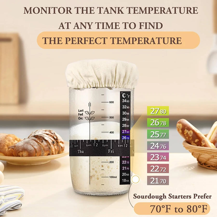 Thermometer Scraper Container Sewn Cloth Cover Metal Lid Starter Kit Sourdough Starter Jar With Date Marked Feeding Band