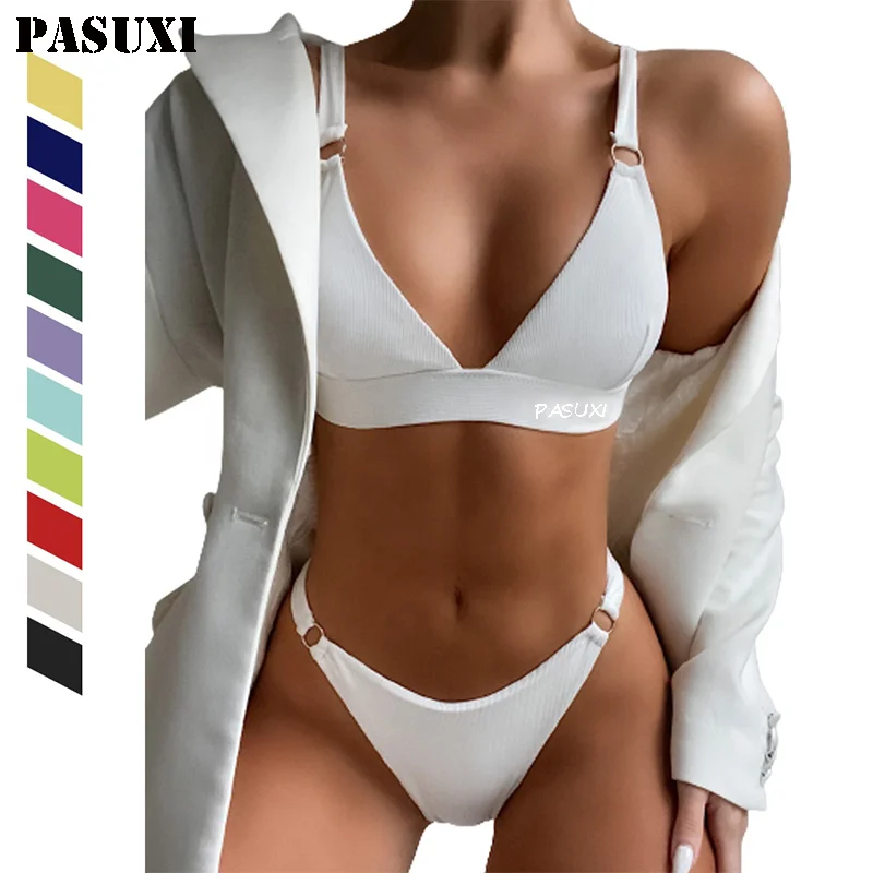 PASUXI разные цвета женские сексуальные купальники для девушек однотонное облегающее бикини с высокой талией купальник из двух частей пляжная