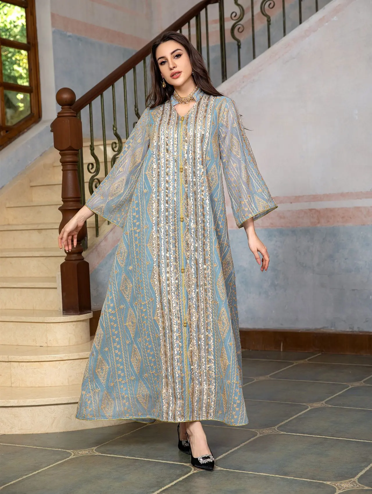 Sequins Embroidered Middle East Evening Dress for Women Turkey V Neck Gauze Mesh Jalabiya Muslim Islamic Ethnic Abaya Eid AB355