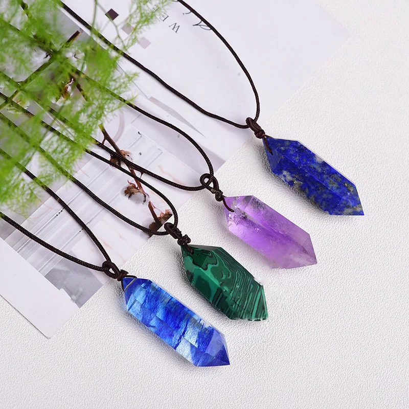 Wholesale Hot Sale Jewelry Natural Crystal Rough Stone Polished Double Pointed Hexagonal Prism Pendant Energy big stone Necklace