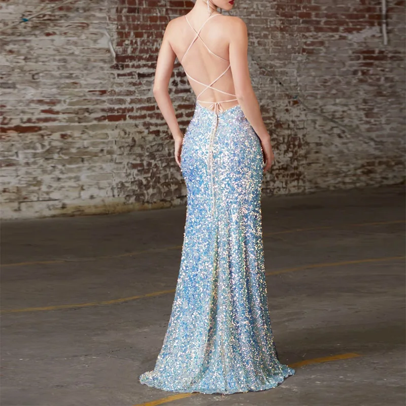 Fashion Sequin Split Evening Dress Sexy Backless V-Neck Sling Halter Prom Dress Party Dress