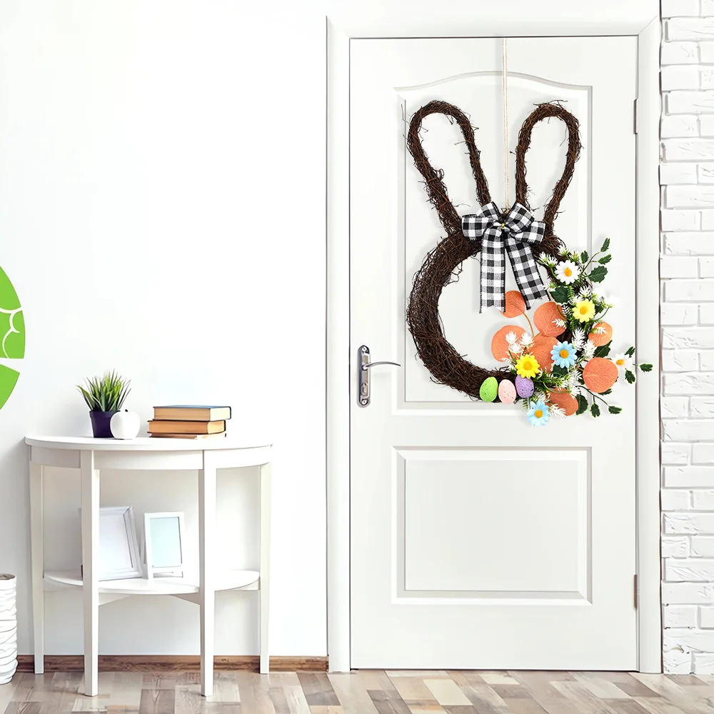 Vintage Spring Berry Egg Decoration Hanging Door Easter Bunny Wreath with Bow