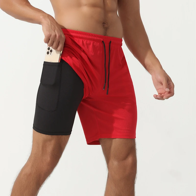 New sports shorts men  double-layer anti-slip running training five-point pants quick drying basketball shorts