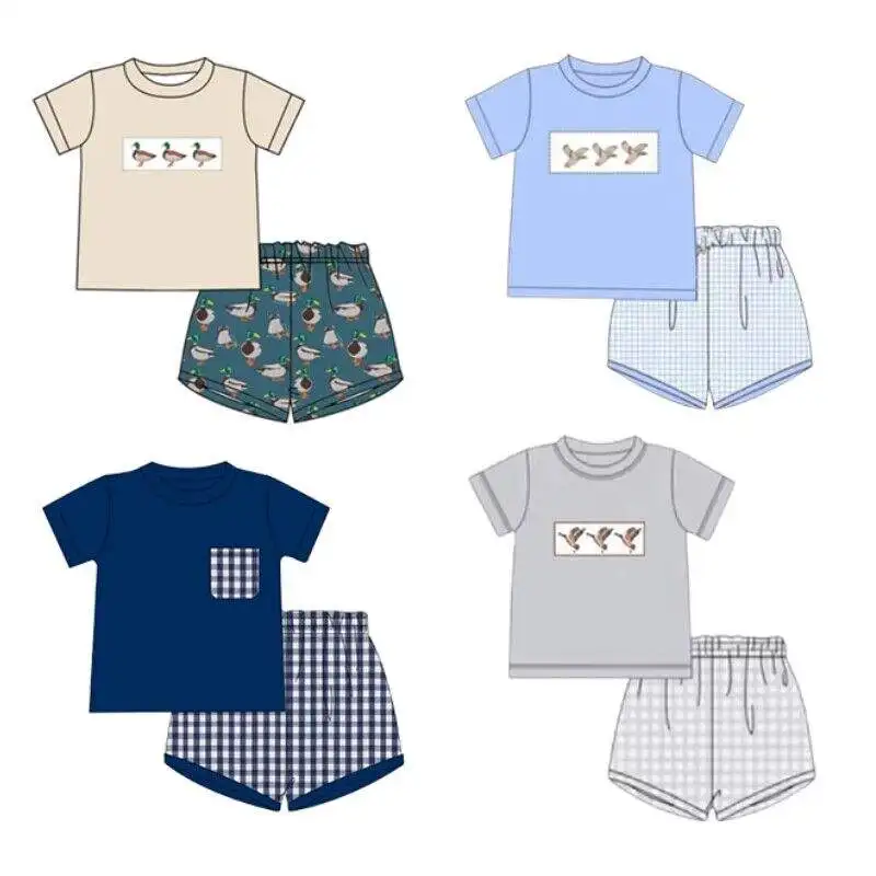 Children Boys Boutique Applique Outfit Duck Embroidery Toddler Clothes Kids Custom Embroidery Design Clothing Set