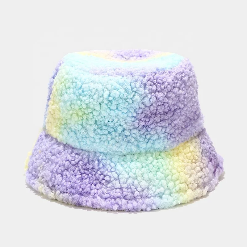 
Wholesale Fashion Tie dye Fisherman Hats Women Autumn Winter Windproof Warm Lamb Feather Hood Bucket Hat 