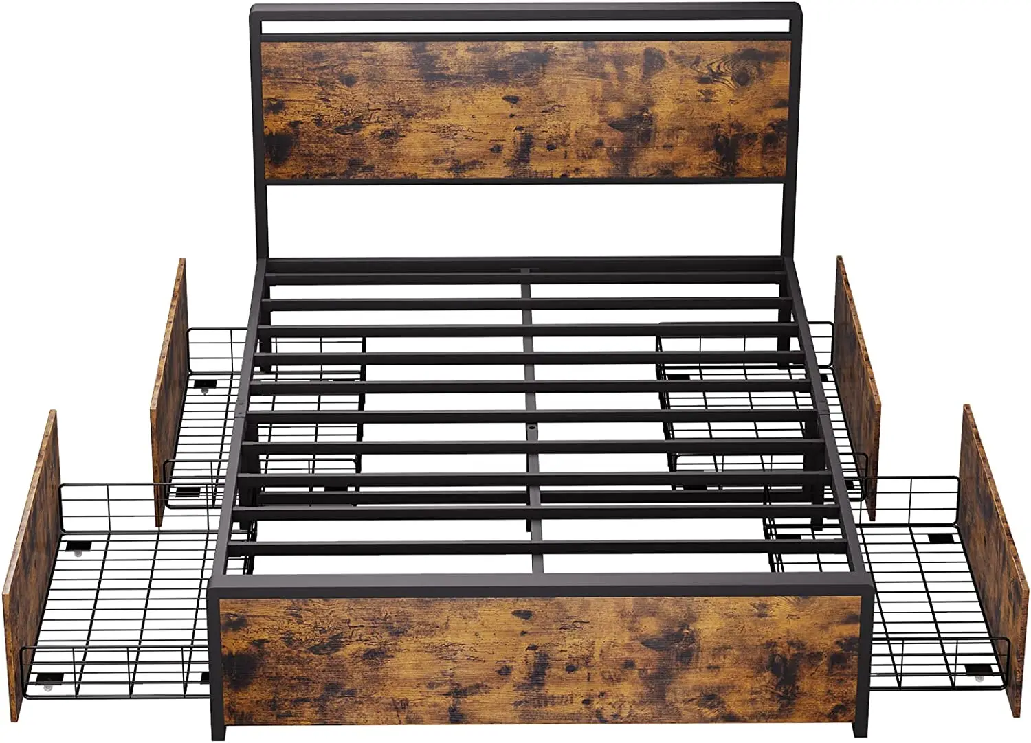 Farmhouse Hotel Double Queen Size Bed Frame with 4 Storage Drawer Wood and Metal Bed Frame
