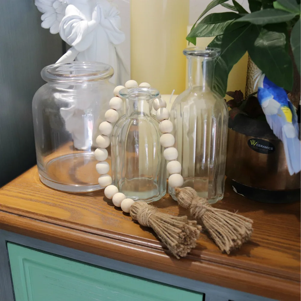 Vintage Wood Bead Garland Tassel Country Beads Wall Hanging Farmhouse Rustic Wooden Beads String with Country Jute Tassels