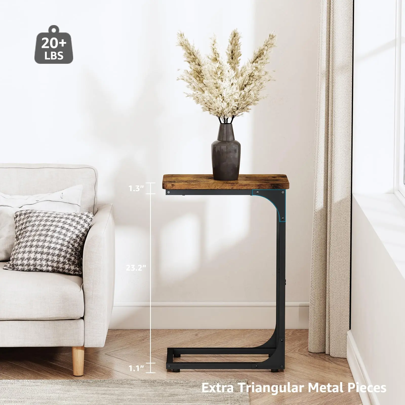 C Shaped Coffee Side Table Set of 2 Slim Couch Tray Tables Rustic Wood Grain and Black Metal table