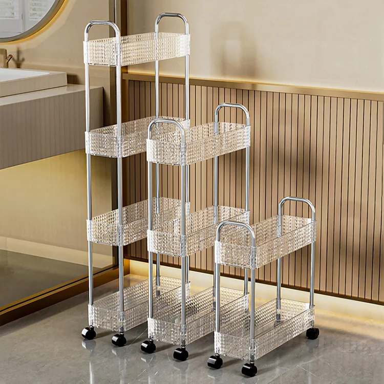 Decorative light luxury clear PET kitchen home organizer holder 3-tier transparent storage rack with wheels