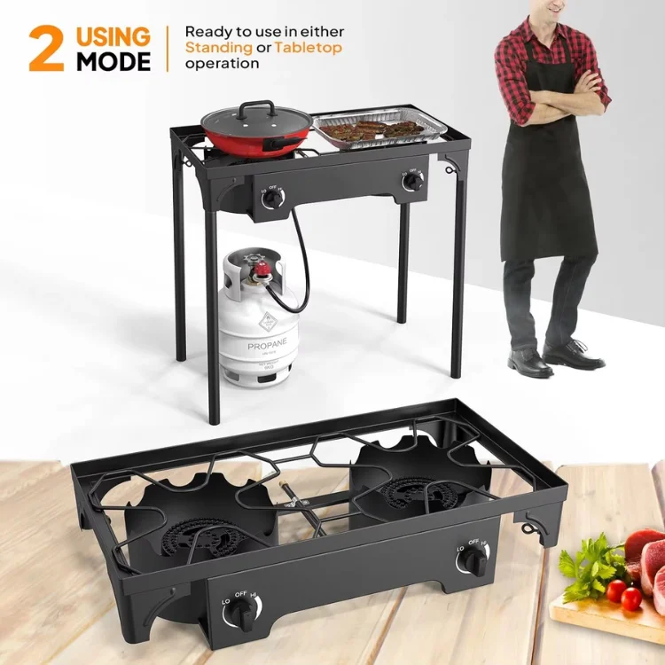 Eaynon 2-Burner Outdoor Propane Gas Stove High Pressure Stand Cooker Backyard Cooking Home Brewing Canning Iron Turkey Smoking