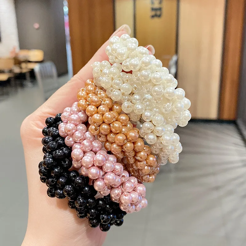 Candy Color Handmade Crochet Full Crystal Pearls Elastic Hair Bands Elegant Ponytail Hair Ties For Women