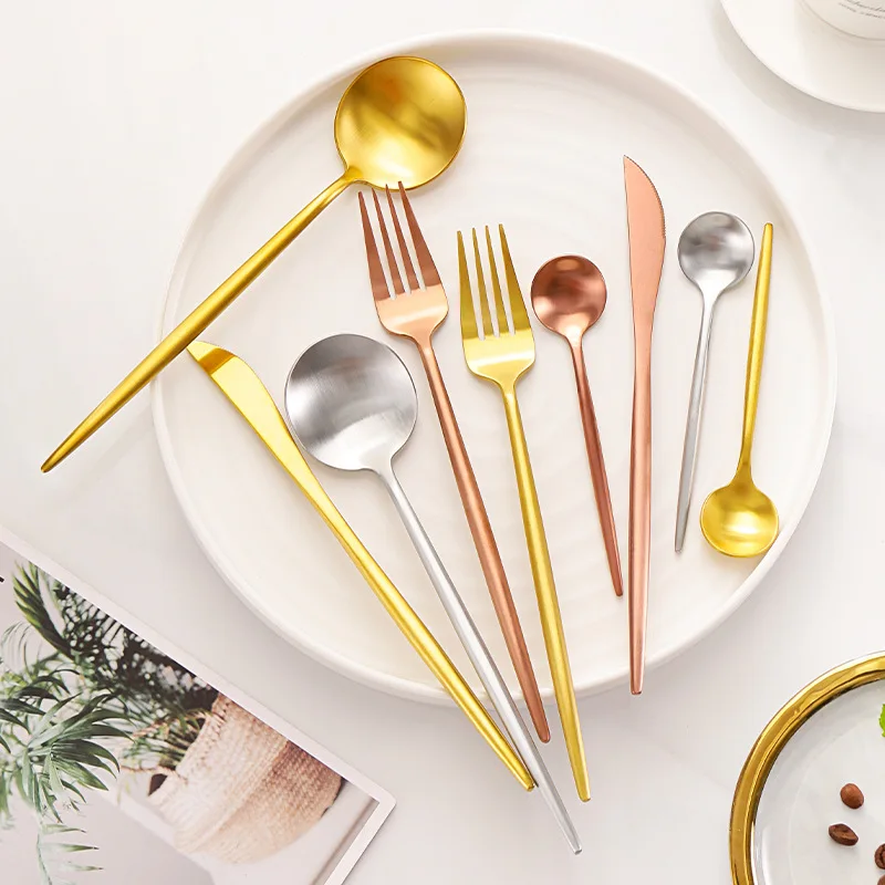 Wholesale Stainless Steel Cutlery Set Steak Spoon Fork Knife Set Luxury Matte Silver Gold Cutlery Custom Box Logo For Restaurant