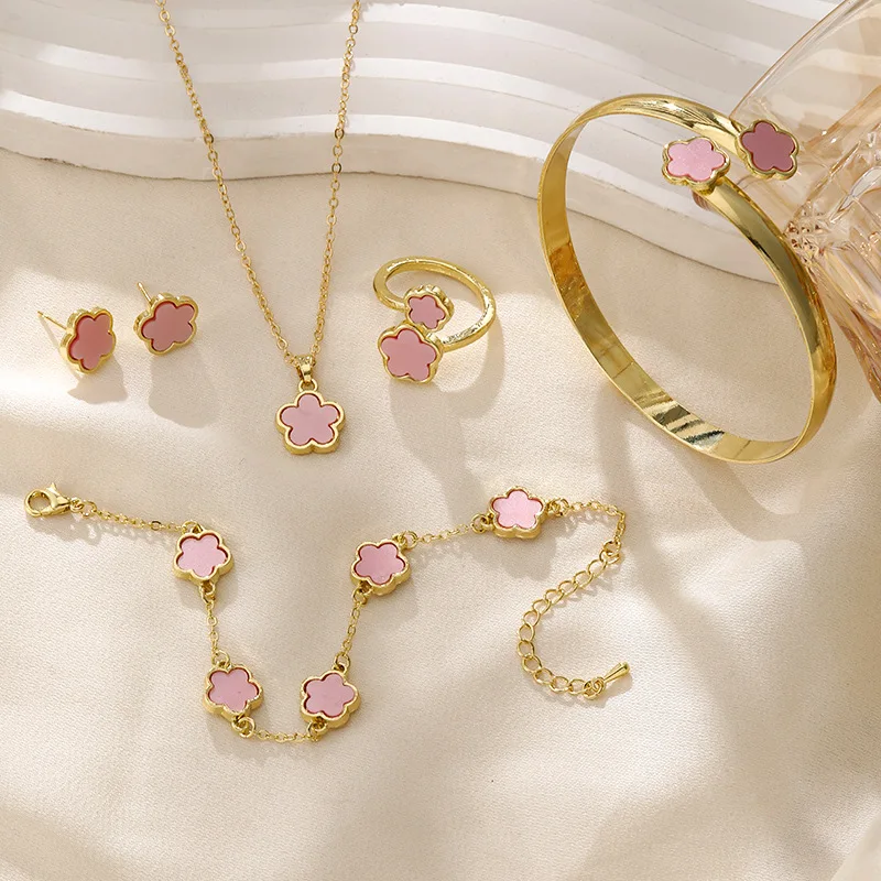 Wholesale Cheap Price Women Eternal Flower 5 Leaf Clover Flower Jewelry Set Gold Color Ring Earring Necklace Bracelet Set