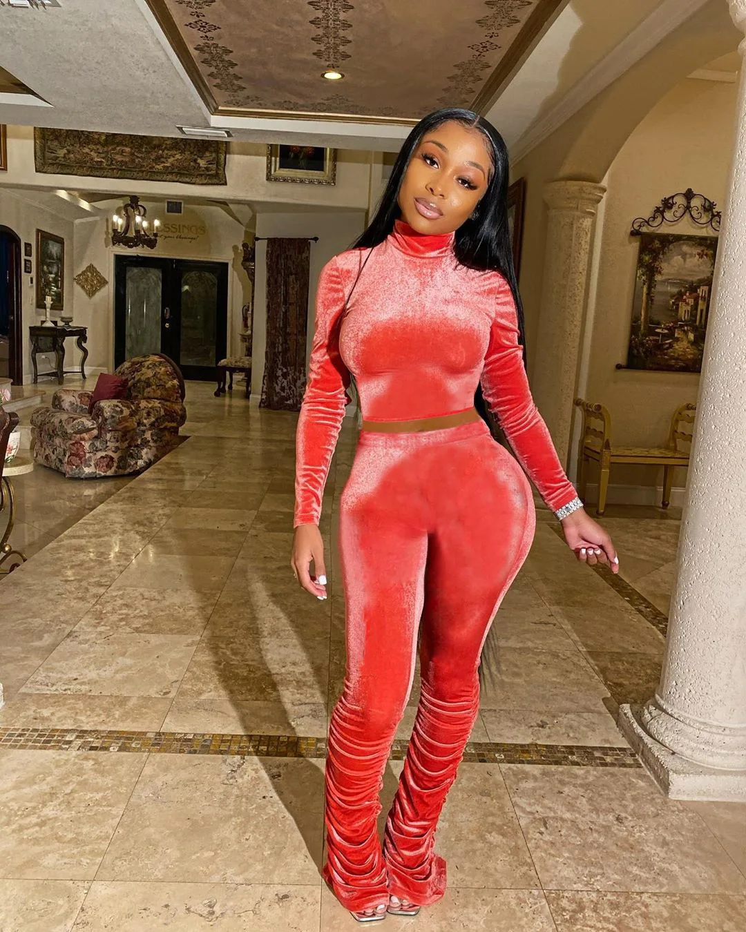 Velvet Track Suits Stacked Pants 2022 Winter Outfits For Women Turtle Neck Top Velour Lady Tracksuit