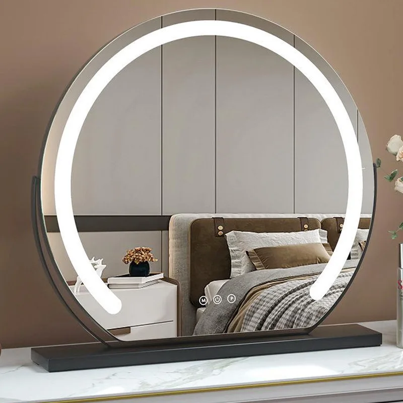 High Definition 360-Degree Rotating Desktop LED Makeup Vanity Mirror Silver Metal HD Three-Color Lighting Home Use