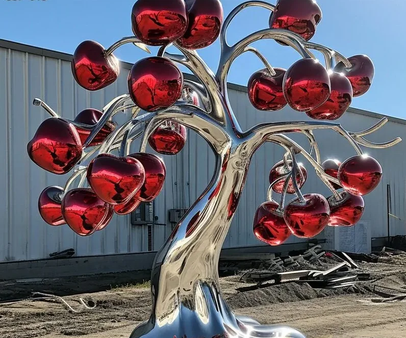 Modern garden design polished cherry apple art tree statue outdoor landscape yard display stainless steel public sculpture