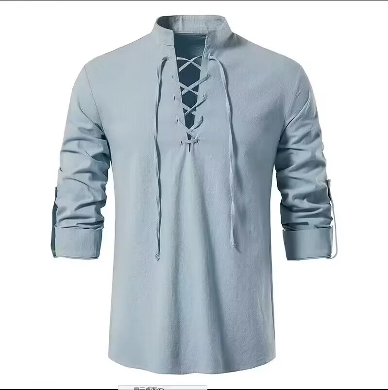 Hot Sale Premium Quality Men Summer Casual Shirt Henry Shirt Drawstring Retro Short Sleeve Shirt