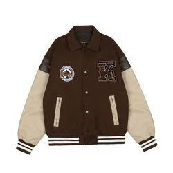 Wholesale Custom Logo Embroidery Patterns Leather Sleeves Single Breasted Baseball Bomber Men Varsity Jackets