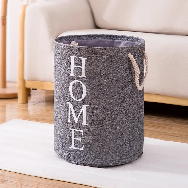 Large Sized Waterproof Cotton Fabric Folding Laundry Hamper Bucket Cylindric Burlap Storage Basket with Letter Design