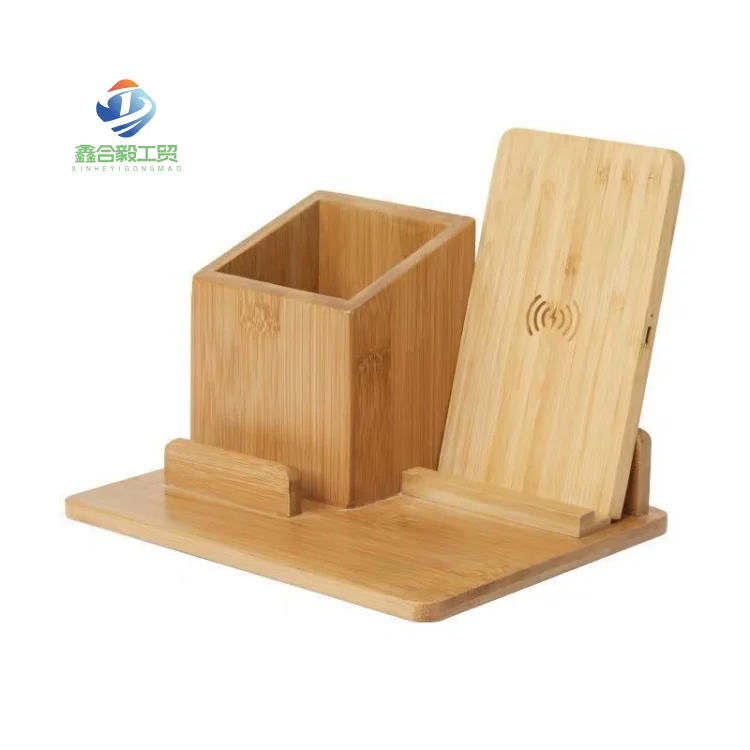Custom Logo 3 In 1 Wireless Charger Bamboo Wireless Charger Stand With Pen Holder