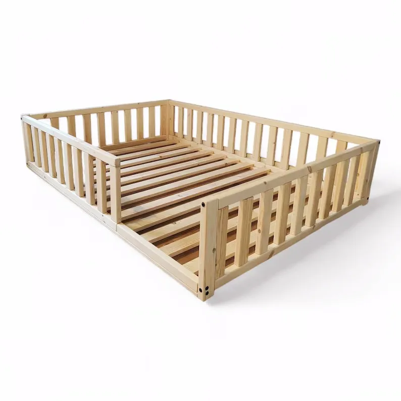 Montessori full size floor bed, Baby playpen, Play bed, Wooden bed with Extra Protection, Montessori furniture for kids bedroom