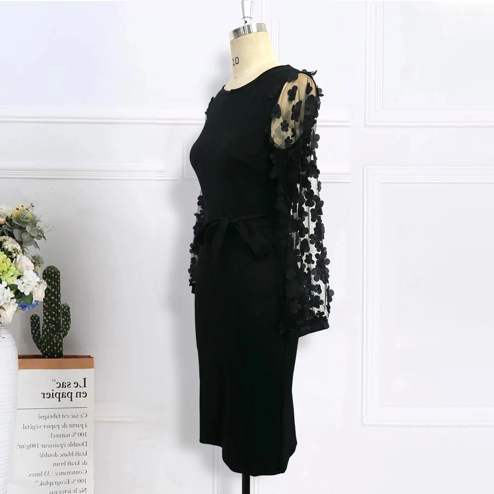 Elegant Classy Modest Patchwork Appliques Women Work Wear Vestidos Black Office Ladies Bodycon Dresses with See Through Sleeves