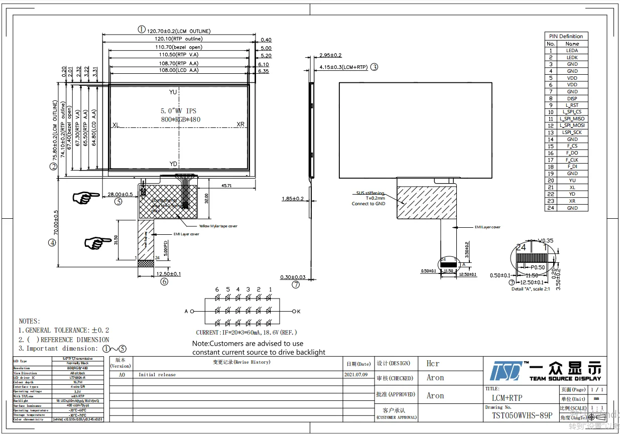 5' 5 Inch SPI Interface 800x480 Resolution ILI5480 ST7262 LT7680A-R IPS TFT LCD  Screen Display Module