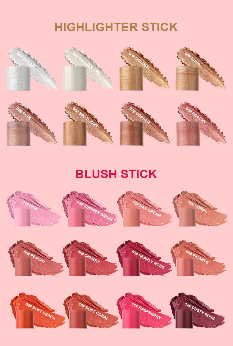 MLM Custom Makeup Wholesale Waterproof Non-remover 3D Contour Double Head Brightening Blush Stick and Highlight Stick