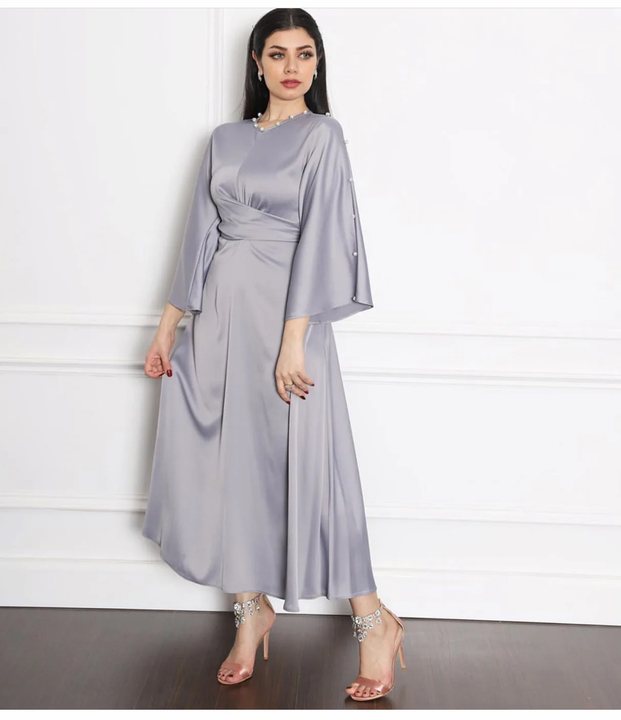 
Direct selling Cross-Border Middle East Dubai High-End Satin Lotus Leaf Sleeve Dress Muslim women 