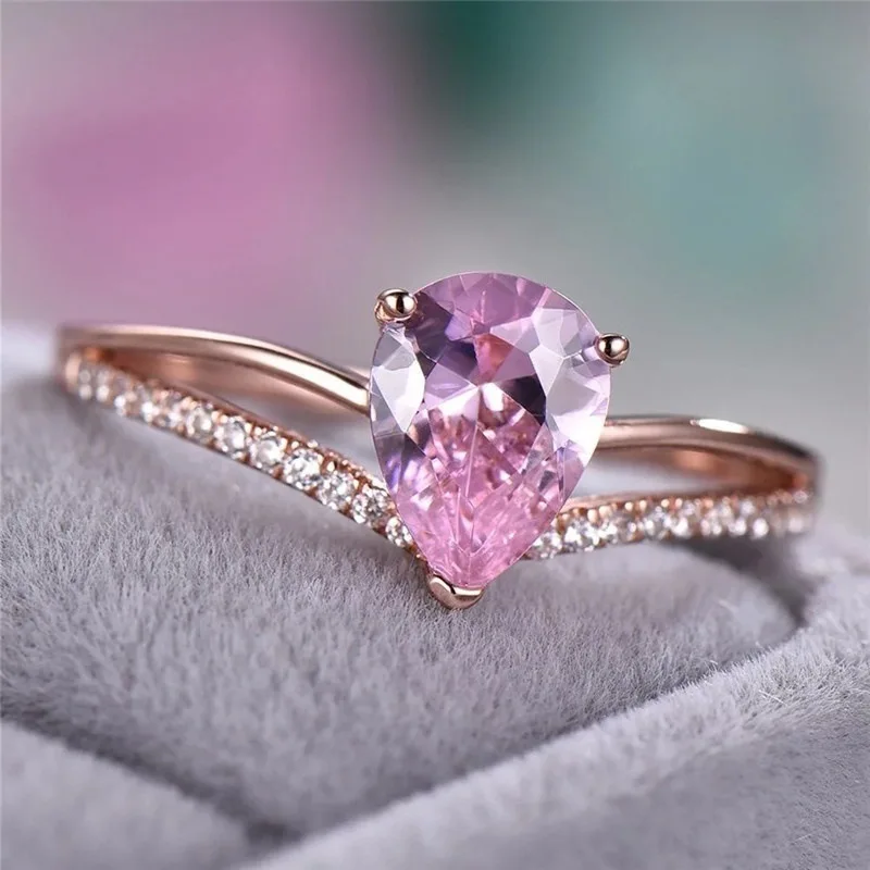 MuXi Sparkling diamond pink water drop zircon ring female creative V-shaped heart-shaped engagement ring
