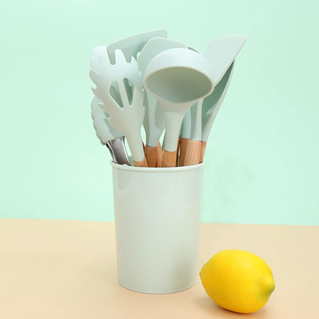 BPA Free Food Grade Cooking Utensils 11 Pieces Wooden Silicone Kitchen Accessories Utensils Set with Spoon Turner Spatula